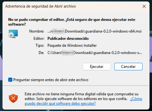 Aviso de seguridad de Windows al abrir el instalador de GUARDIANA: «Publicador desconocido».
