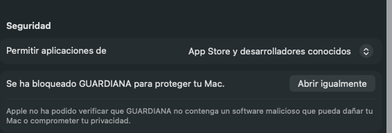 Ajustes do Sistema, Privacidade e Segurança: a GUARDIANA foi bloqueada para proteger o seu Mac, com um botão Abrir Assim Mesmo.
