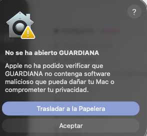 Aviso do macOS ao abrir a GUARDIANA: o app não foi aberto porque a Apple não pôde verificar se está livre de malware, com os botões Mover para o Lixo e OK.